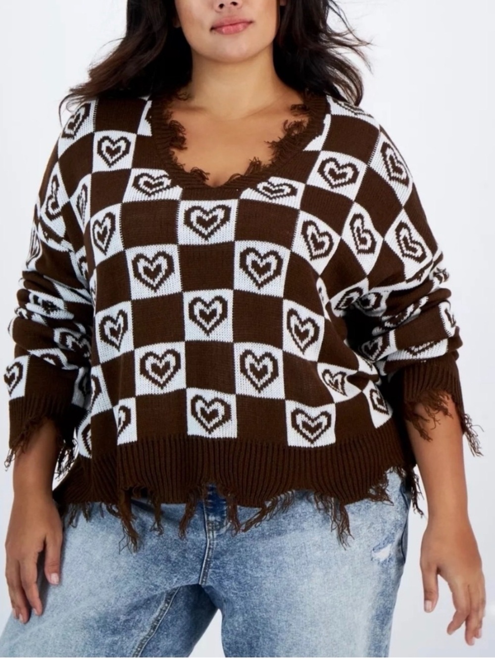 Just Polly New York Sweater Brown Knit Hearts Destructed V-neck